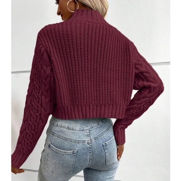 Cozy Mint Mock Neck Chunky Cable Knit Cropped Sweater Top - Picture 6 of 8